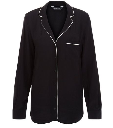 Black Contrast Trim Single Pocket Long Sleeve Shirt | New Look