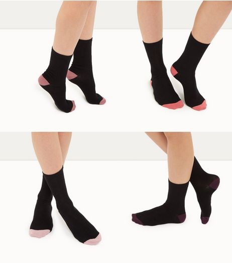 4 Pack Black Contrast Heel Socks | New Look