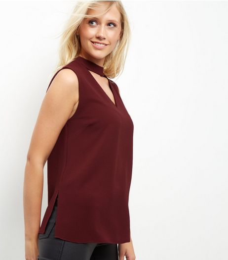 Burgundy Choker Neck Cut Out Sleeveless Top | New Look