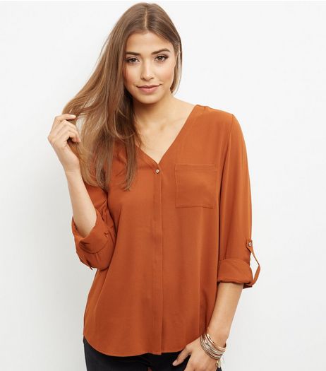 Rust Bubble Texture V Neck Roll Sleeve Shirt | New Look