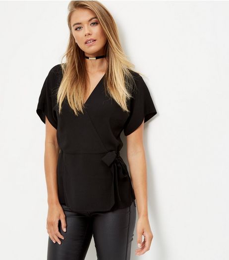 Black Wrap Tie Side Top | New Look