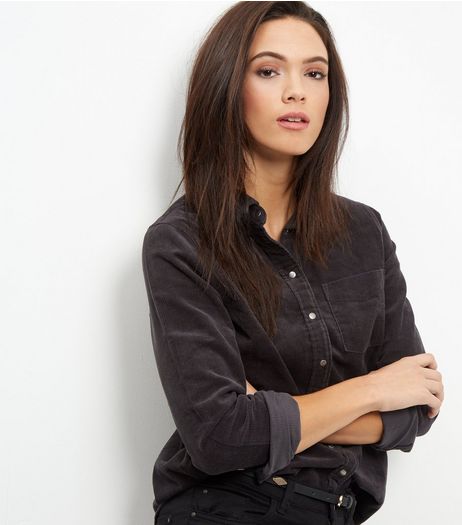 Dark Grey Cord Single Pocket Long Sleeve Shirt | New Look