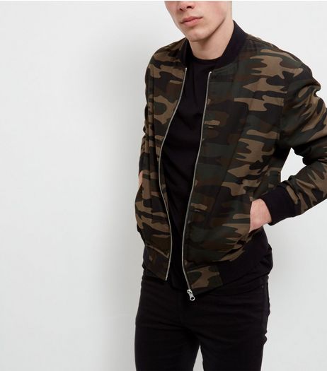 Green Camo Print Bomber Jacket | New Look