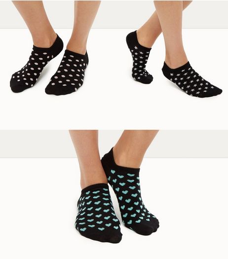 3 Pack Black Spot Star and Heart Print Trainers Socks | New Look