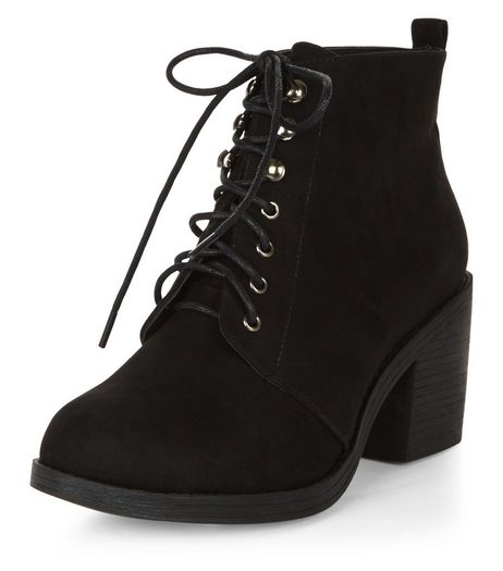 Wide Fit Black Suedette Lace Up Block Heel Ankle Boots | New Look