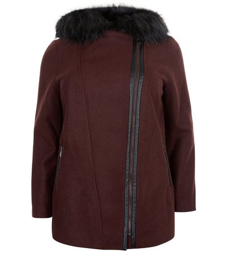 Curves Burgundy Faux Fur Trim Hooded Coat | New Look