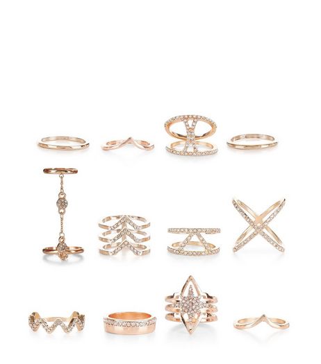 12 Pack Gold Diamante Rings | New Look
