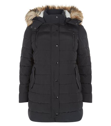 Curves Black Faux Fur Trim Padded Jacket | New Look