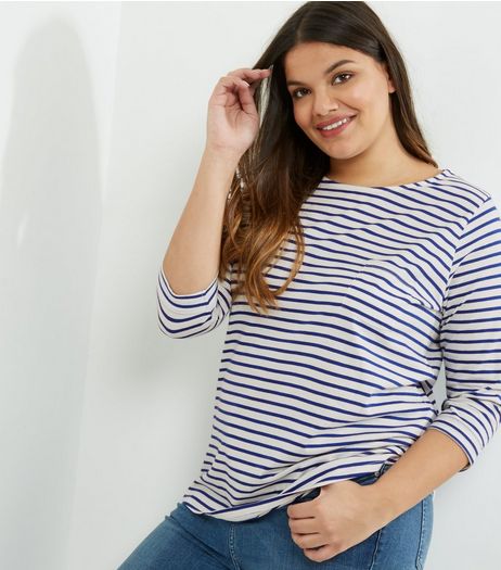 Curves Blue Stripe Single Pocket 3/4 Sleeve T-Shirt | New Look