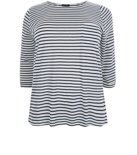 Curves Blue Stripe 3/4 Sleeve Top | New Look