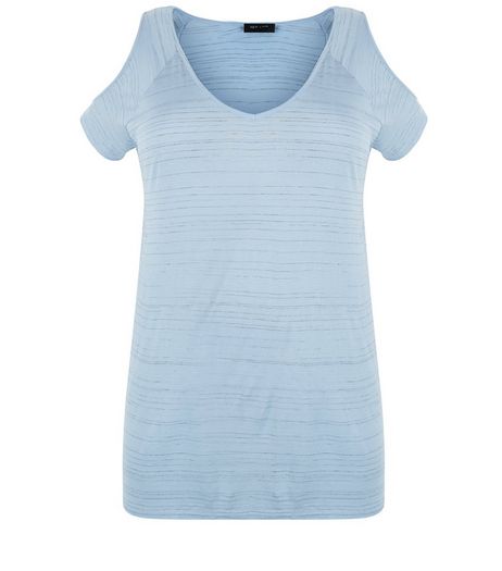Curves Pale Blue Space Dye Cold Shoulder T-Shirt | New Look