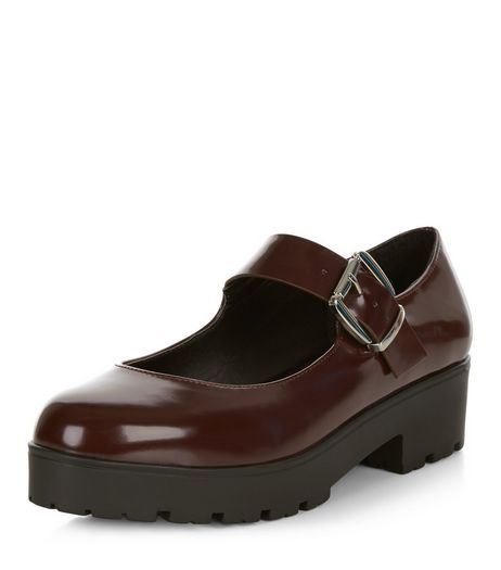 Wide Fit Dark Red Leather-Look Chunky Shoes | New Look