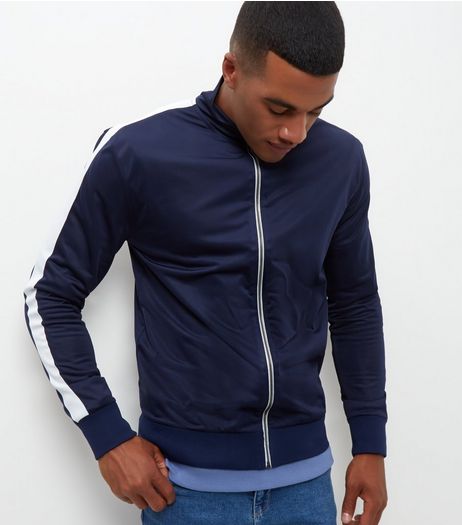 Navy Contrast Stripe Sleeve Zip Up Jacket | New Look