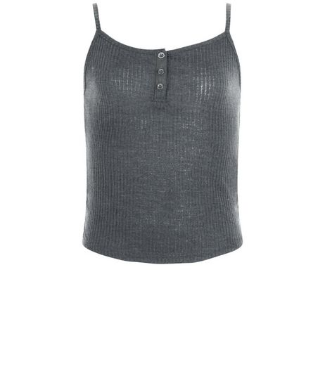 Teens Dark Grey Ribbed Button Front Cami | New Look