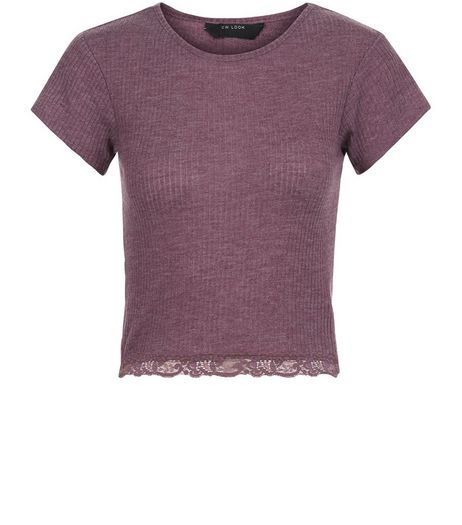 Teens Burgundy Ribbed Lace Trim T-Shirt | New Look