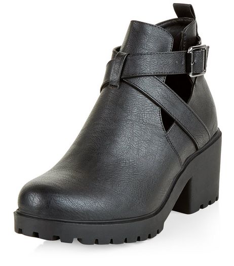 Teens Black Cut Out Block Heel Ankle Boots | New Look