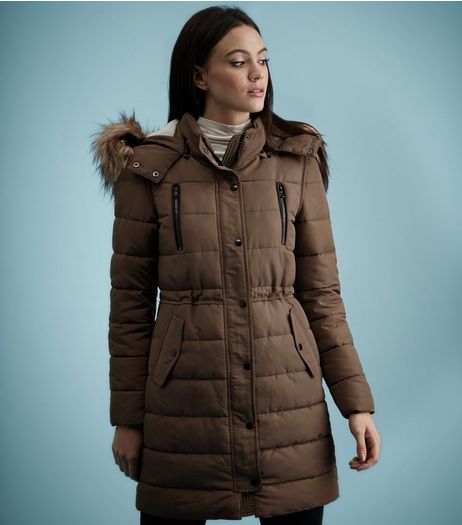 Mink Borg Lined Padded Faux Fur Trim Coat | New Look