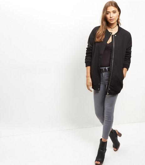 Black Borg Lined Longline Bomber Jacket | New Look