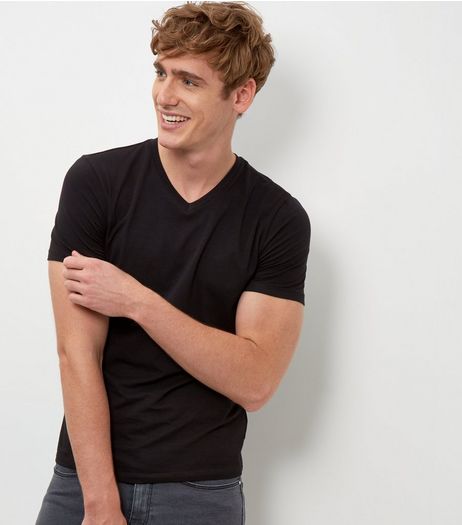 Black Cotton Mix Stretch V Neck T-Shirt | New Look
