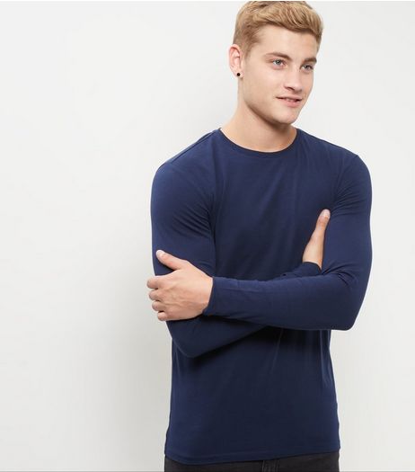Navy Cotton Mix Stretch Crew Neck Long Sleeve Top | New Look