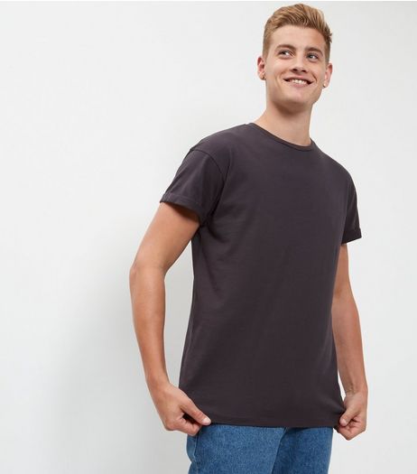 Dark Grey Roll Sleeve T-Shirt | New Look