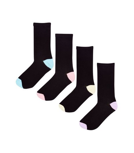 4 Pack Black Contrast Trim Socks | New Look