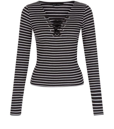 Black Stripe Lace Up Long Sleeve Top | New Look