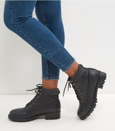 Black Cuffed Lace Up Boots | New Look
