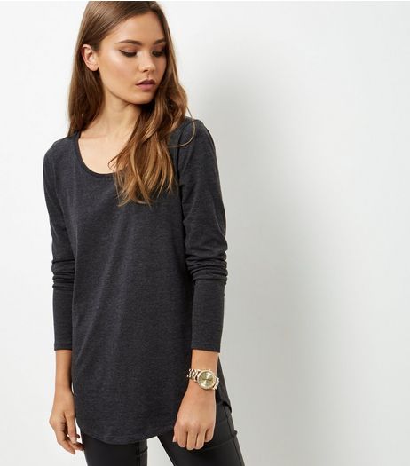 Dark Grey Curve Hem Long Sleeve Top | New Look