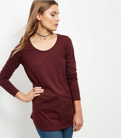 Burgundy Curve Hem Long Sleeve Top | New Look