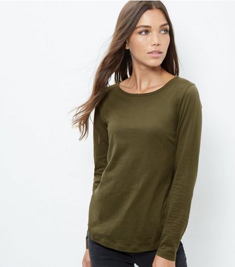 Olive Green Crew Neck Long Sleeve T-Shirt | New Look