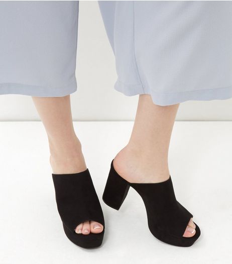 Black Suedette Peep Toe Block Heel Mules | New Look