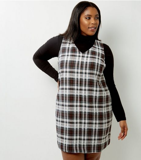 Curves White Check Pinafore Dress | New Look