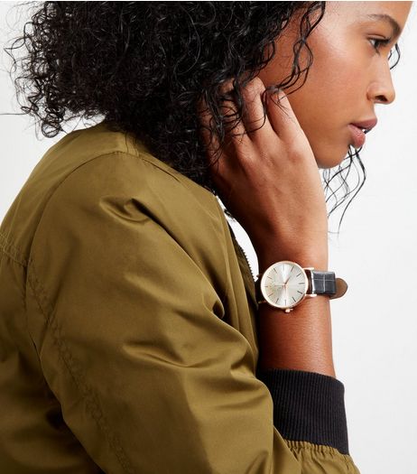 Black Croc Textured Strap Watch | New Look