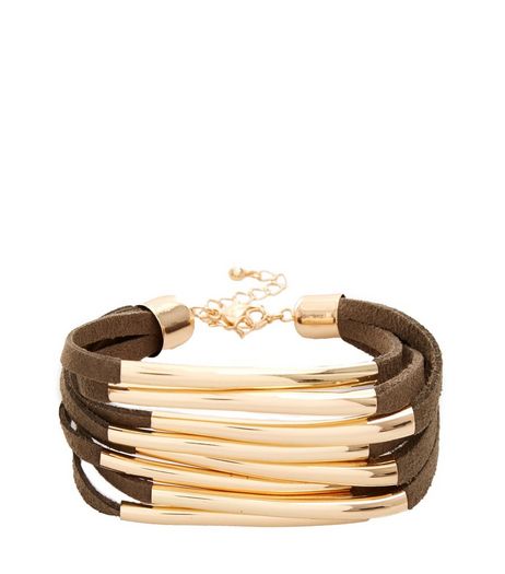 Olive Green Suedette Metal Trim Bracelet | New Look