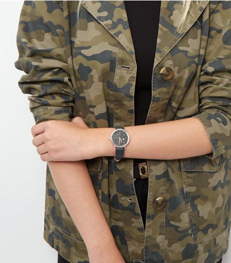 Black Geo Print Leather-Look Watch | New Look