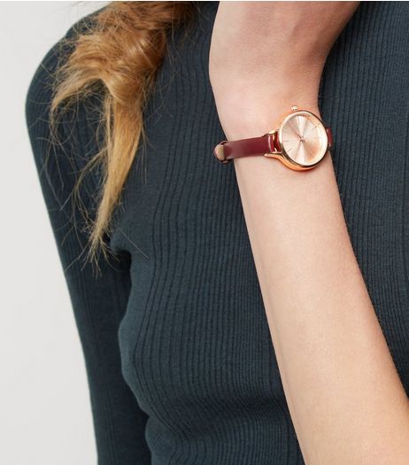Burgundy Skinny Strap Watch | New Look