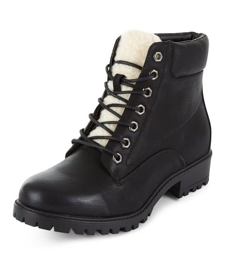 Black Faux Shearling Tongue Lace Up Boots | New Look