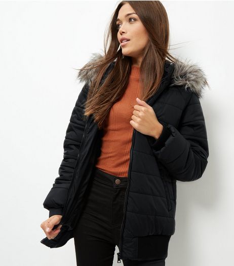 Black Faux Fur Trim Quilted Hooded Bomber Jacket | New Look