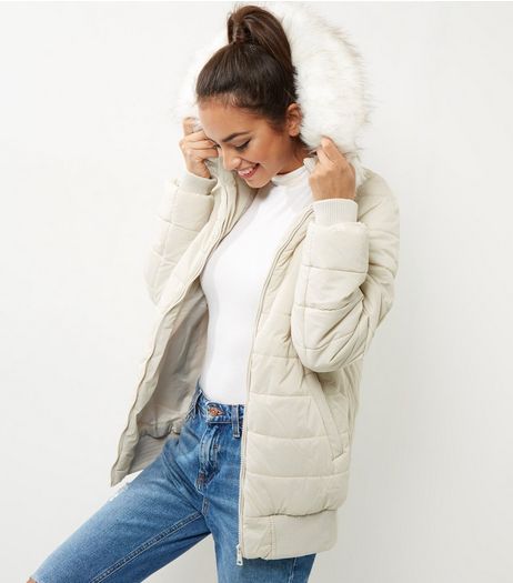 Cream Faux Fur Trim Quilted Hooded Bomber Jacket | New Look