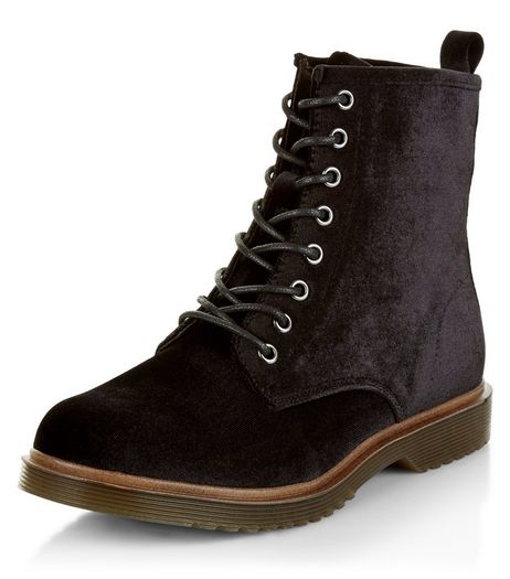 Black Velvet Lace Up Ankle Boots | New Look