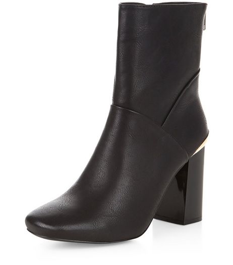 Black Metal Trim Block Heel High Ankle Boots | New Look