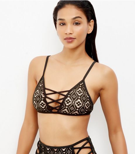 Black Lace Caged Bikini Top | New Look