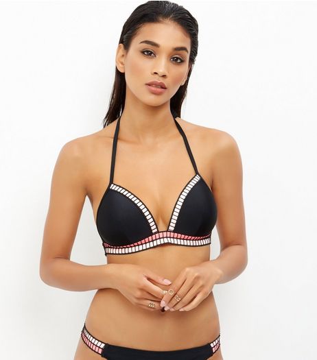 Black Contrast Crochet Trim Bikini Top | New Look