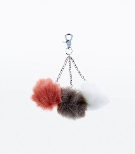 Red Brown and White Faux Fur Pom Pom Keyring | New Look