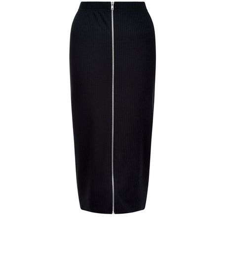 Black Ribbed Zip Front Midi Skirt | New Look