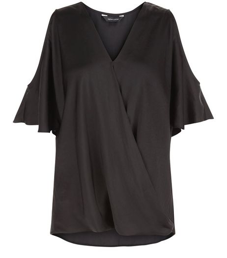Black Sateen Wrap Front Cold Shoulder Blouse | New Look