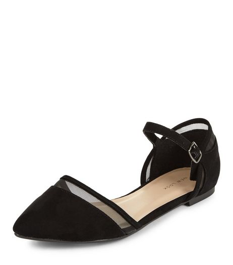 Black Mesh Pointed Ankle Strap Pumps | New Look