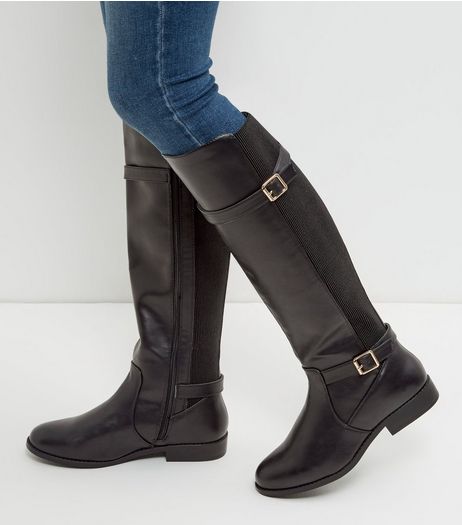 Wide Fit Black Leather-Look Knee High Boots | New Look