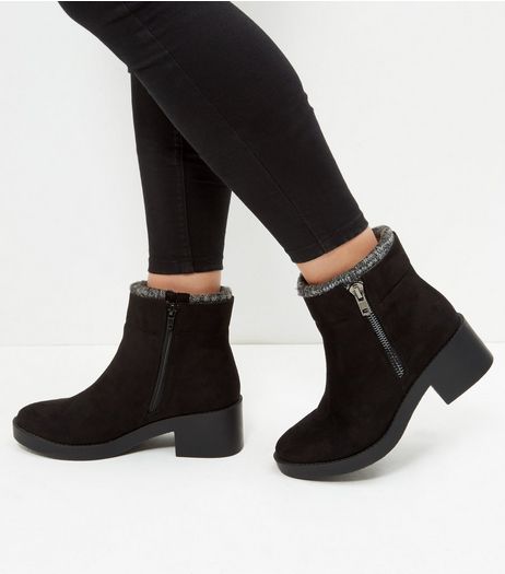 Wide Fit Black Knitted Collar Chelsea Boots | New Look